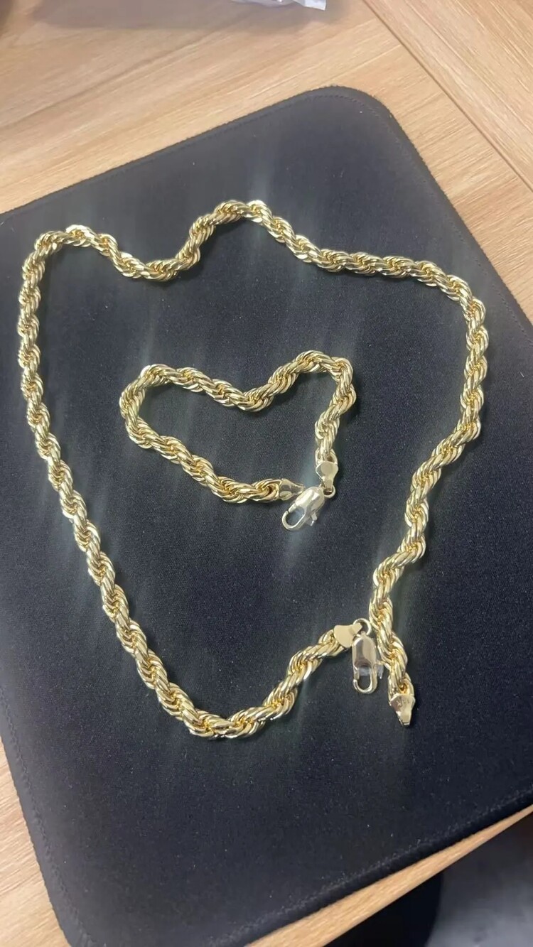 14K Stamped Gold Tone Rope Chain Necklace and Bracelet Set Lobster Clasp Matchin